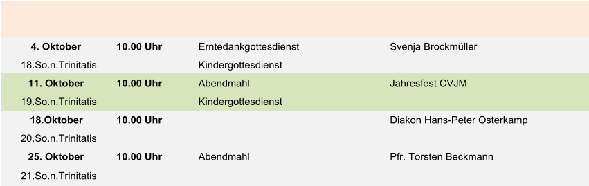 4. Oktober 10.00 Uhr Erntedankgottesdienst Svenja Brockmüller 18.So.n.Trinitatis Kindergottesdienst 11. Oktober 10.00 Uhr Abendmahl Jahresfest CVJM 19.So.n.Trinitatis Kindergottesdienst 18.Oktober 10.00 Uhr Diakon Hans-Peter Osterkamp 20.So.n.Trinitatis 25. Oktober 10.00 Uhr Abendmahl Pfr. Torsten Beckmann 21.So.n.Trinitatis